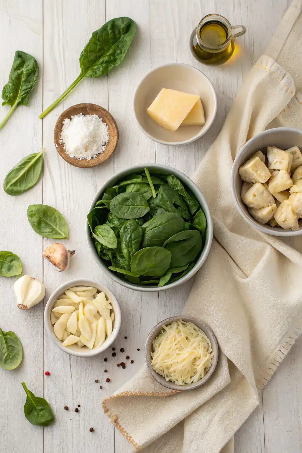Spinach Artichoke Dip beautifully presented from an overhead angle