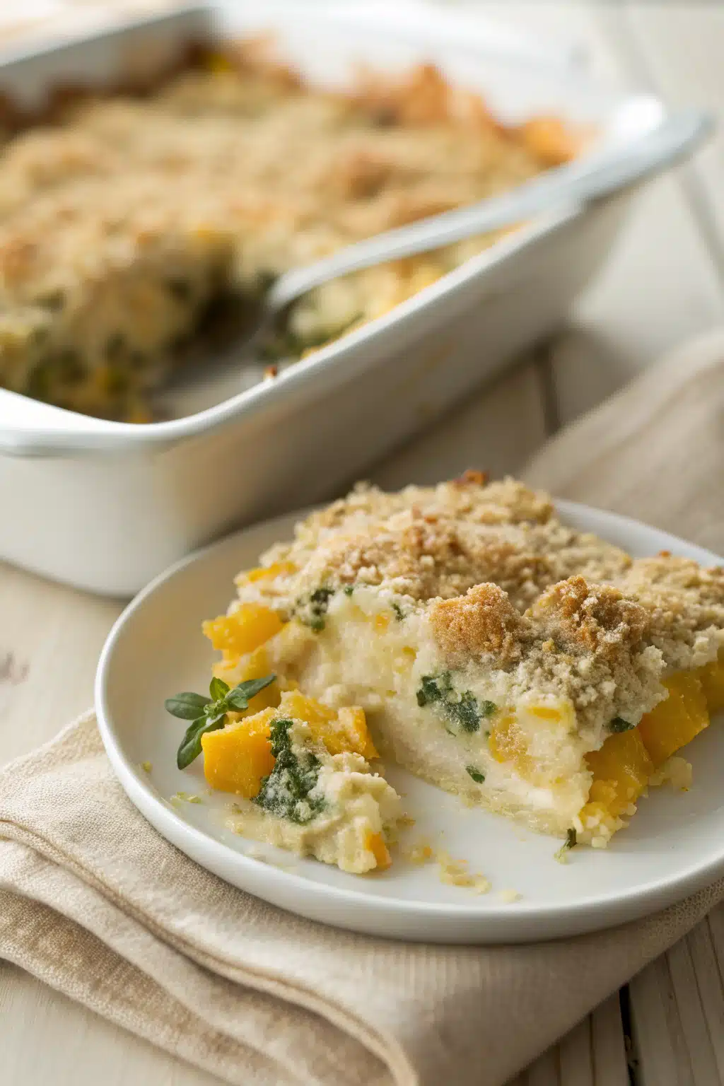 Squash Casserole Recipe slice on plate showing perfect texture and swirl pattern