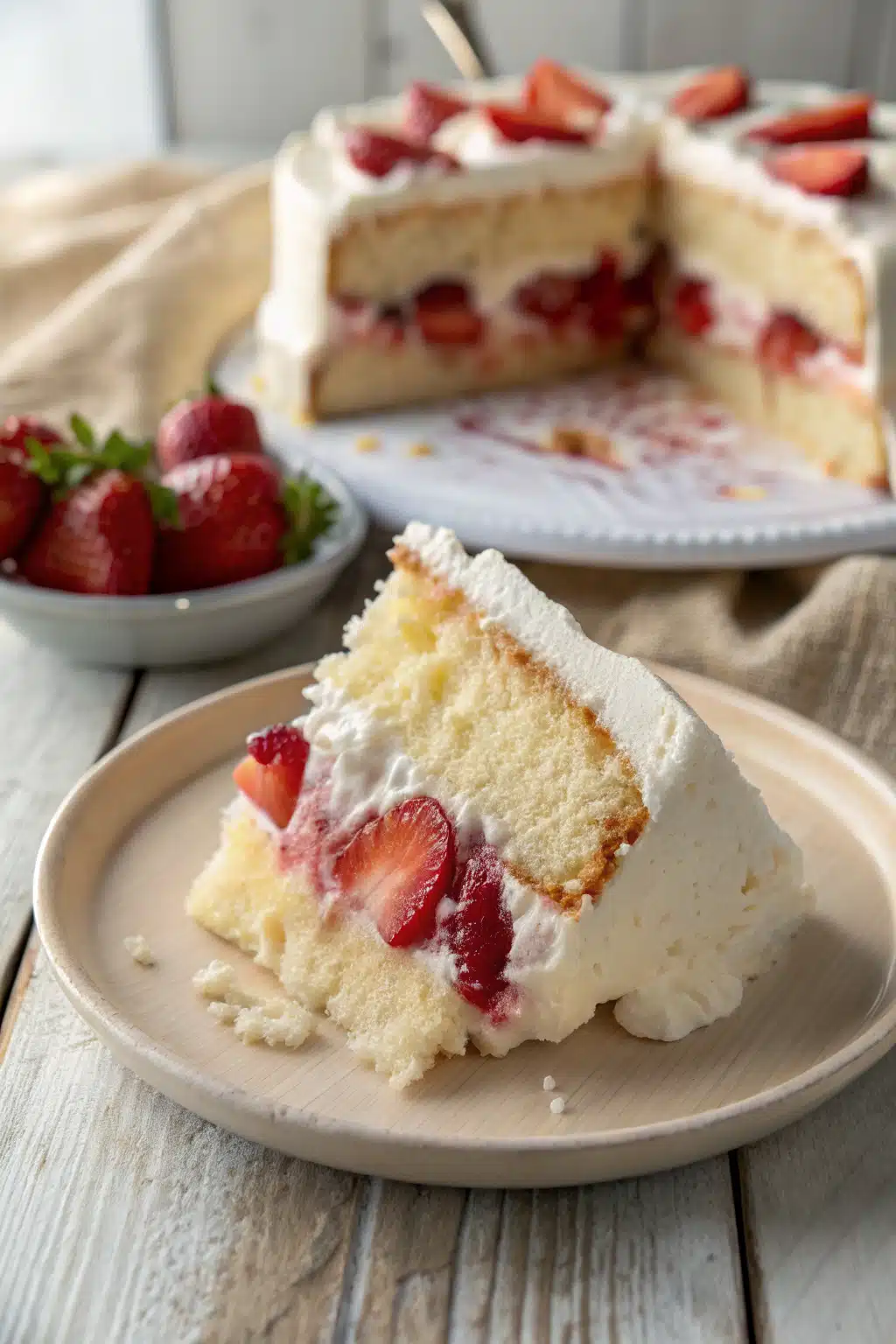 Strawberry Cake slice on plate showing perfect texture and swirl pattern