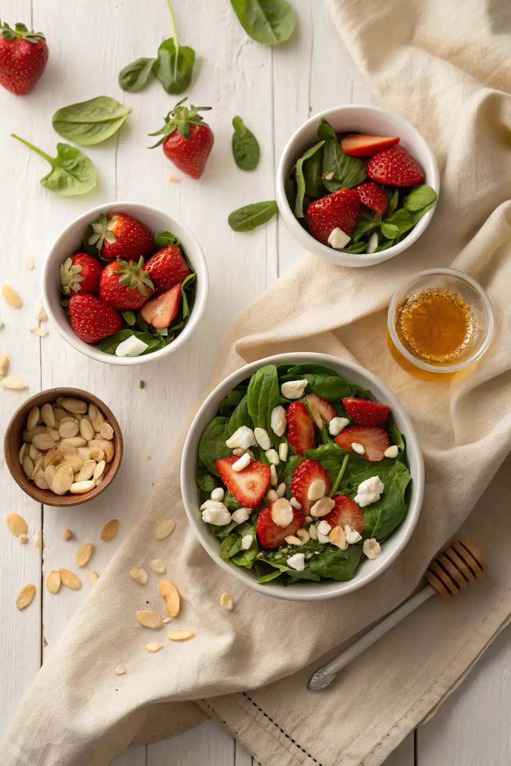 Strawberry Spinach Salad beautifully presented from an overhead angle