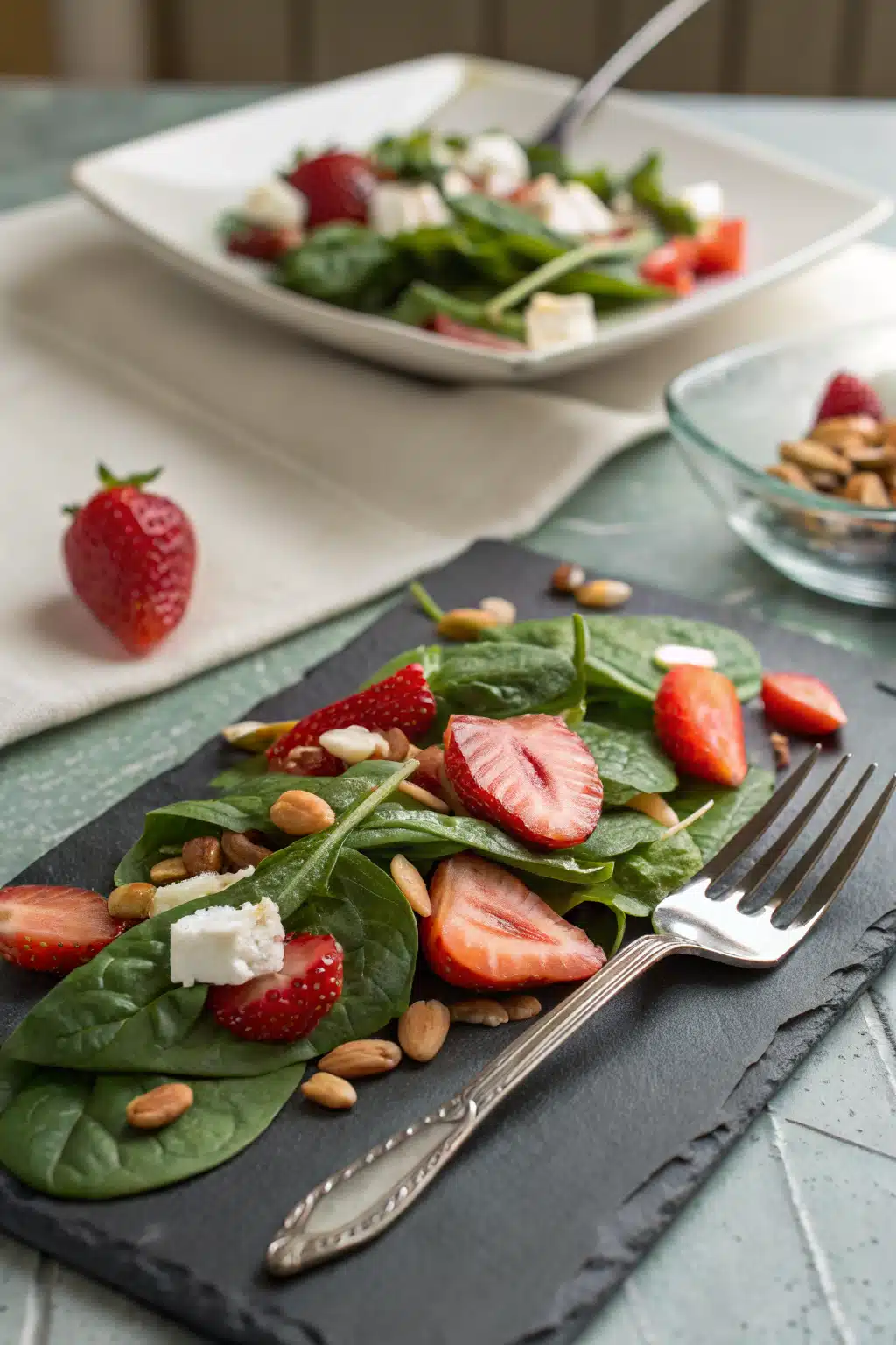 Strawberry Spinach Salad ingredients organized and measured on kitchen counter