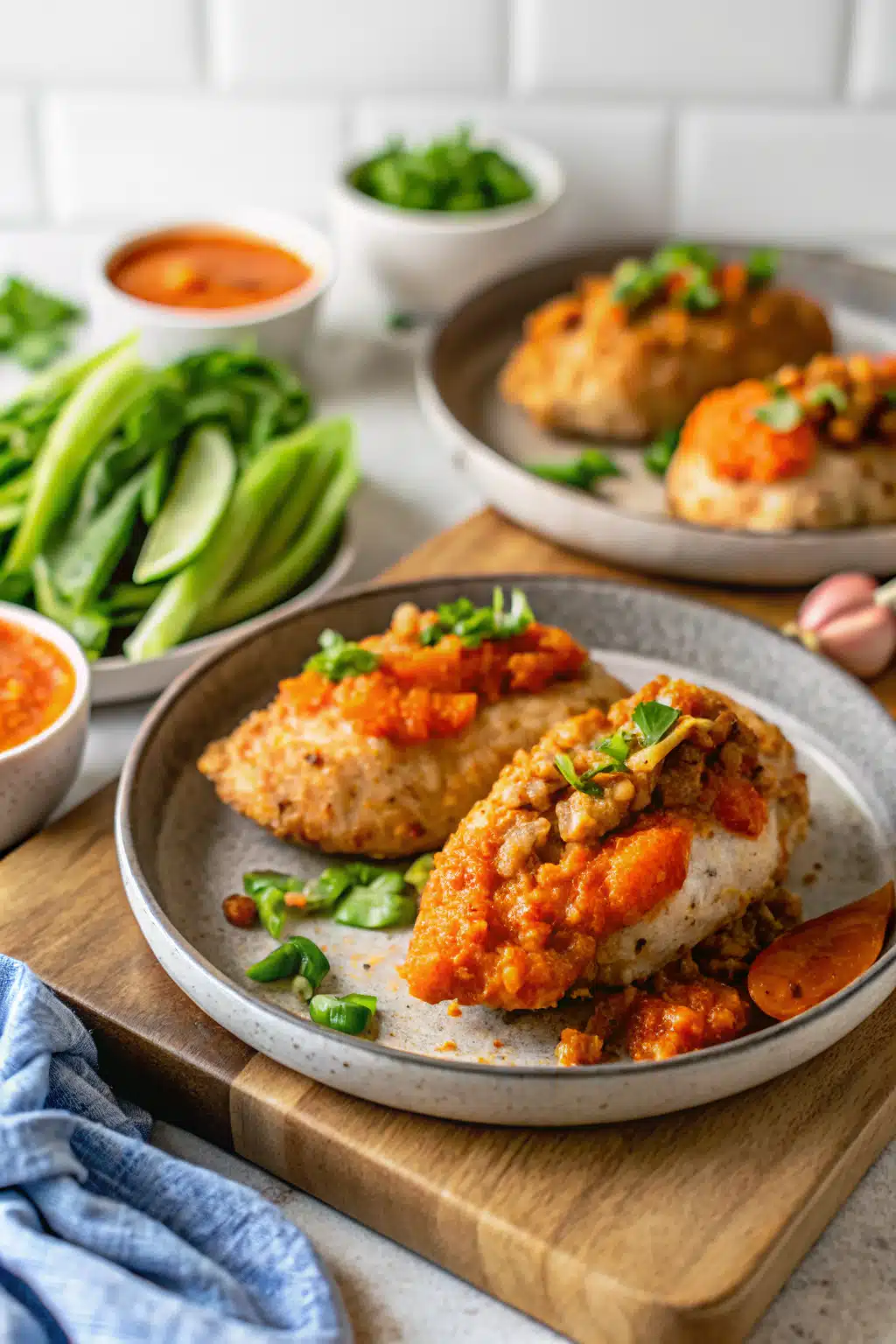 Stuffed Buffalo Chicken Breasts beautifully presented from an overhead angle