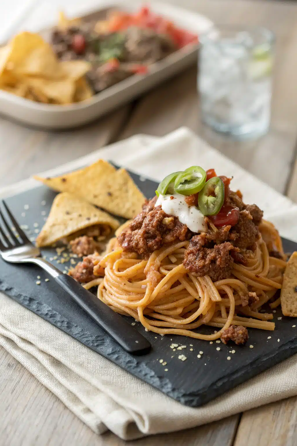 Taco Spaghetti ingredients organized and measured on kitchen counter