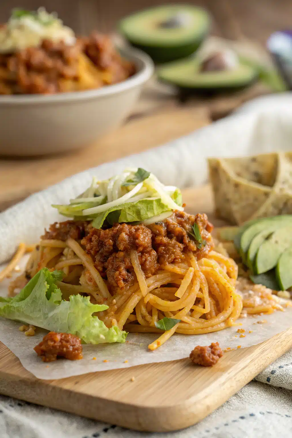 Taco Spaghetti slice on plate showing perfect texture and swirl pattern