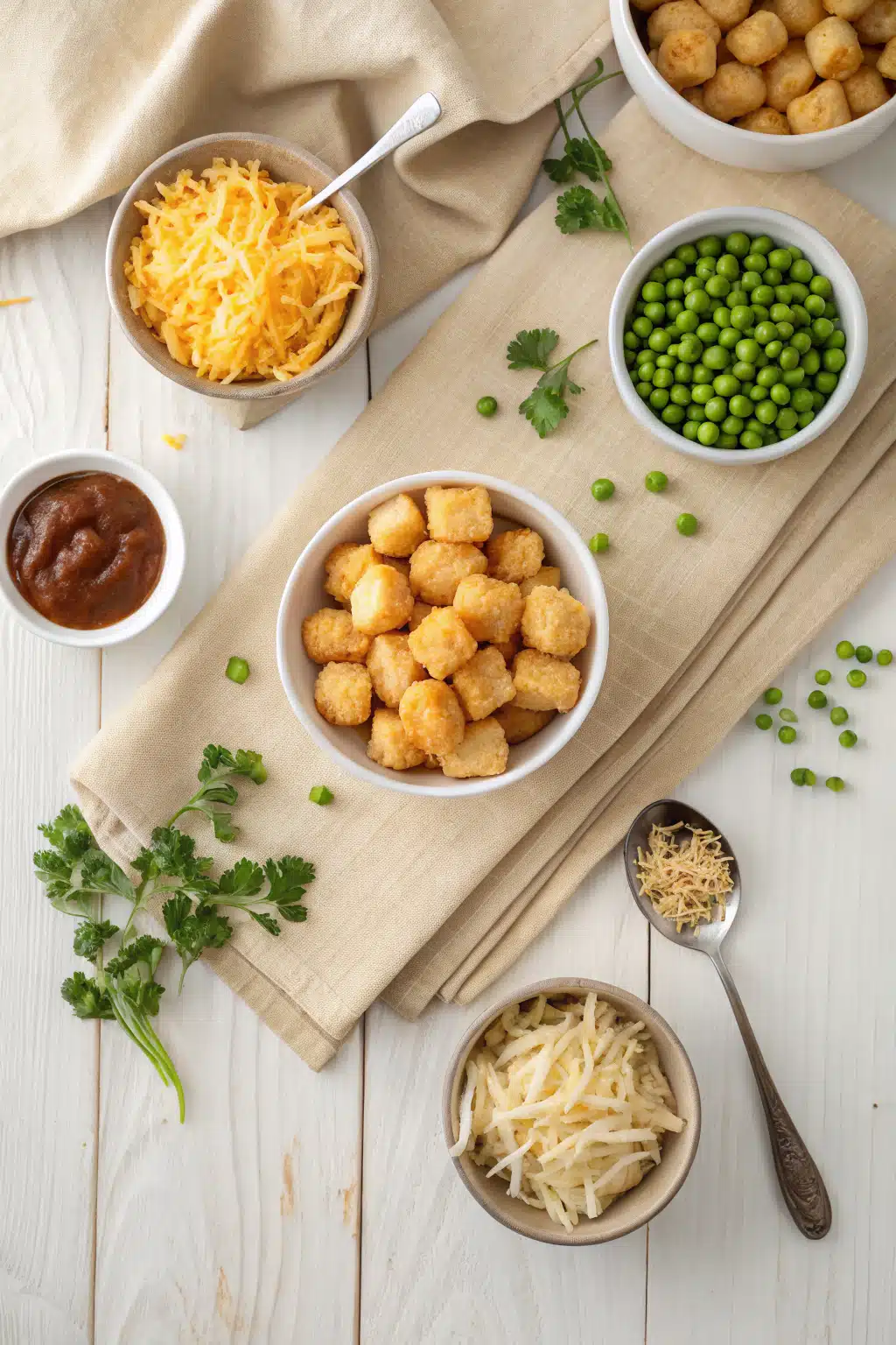 Tater Tot Casserole beautifully presented from an overhead angle