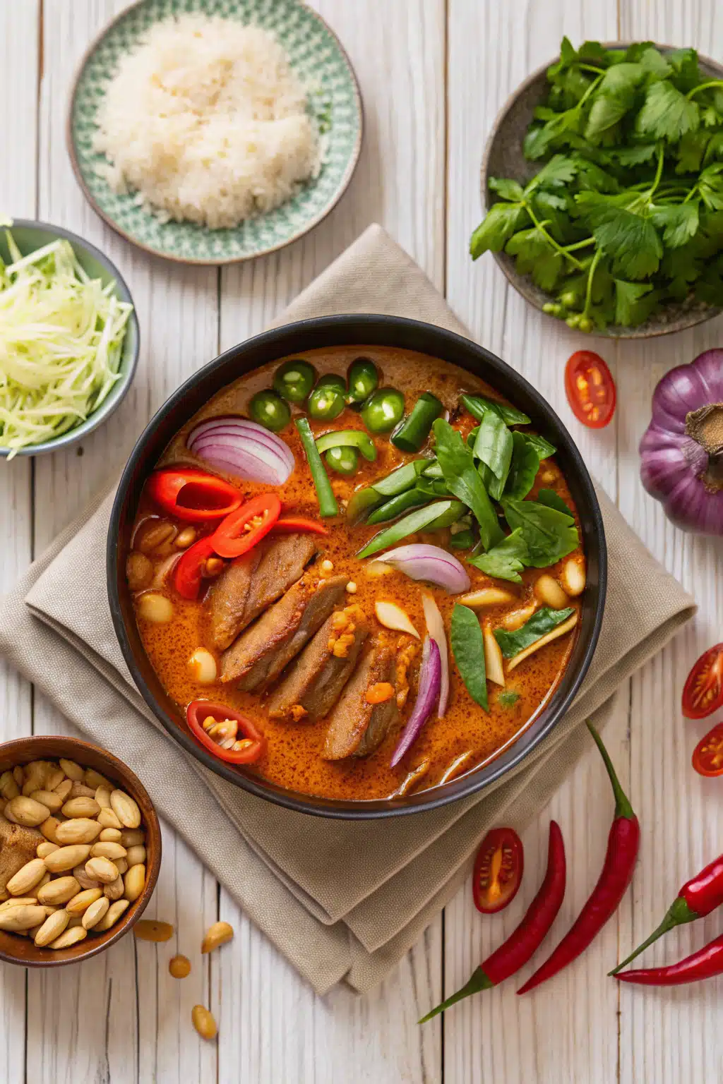 Thai Red Duck Curry beautifully presented from an overhead angle