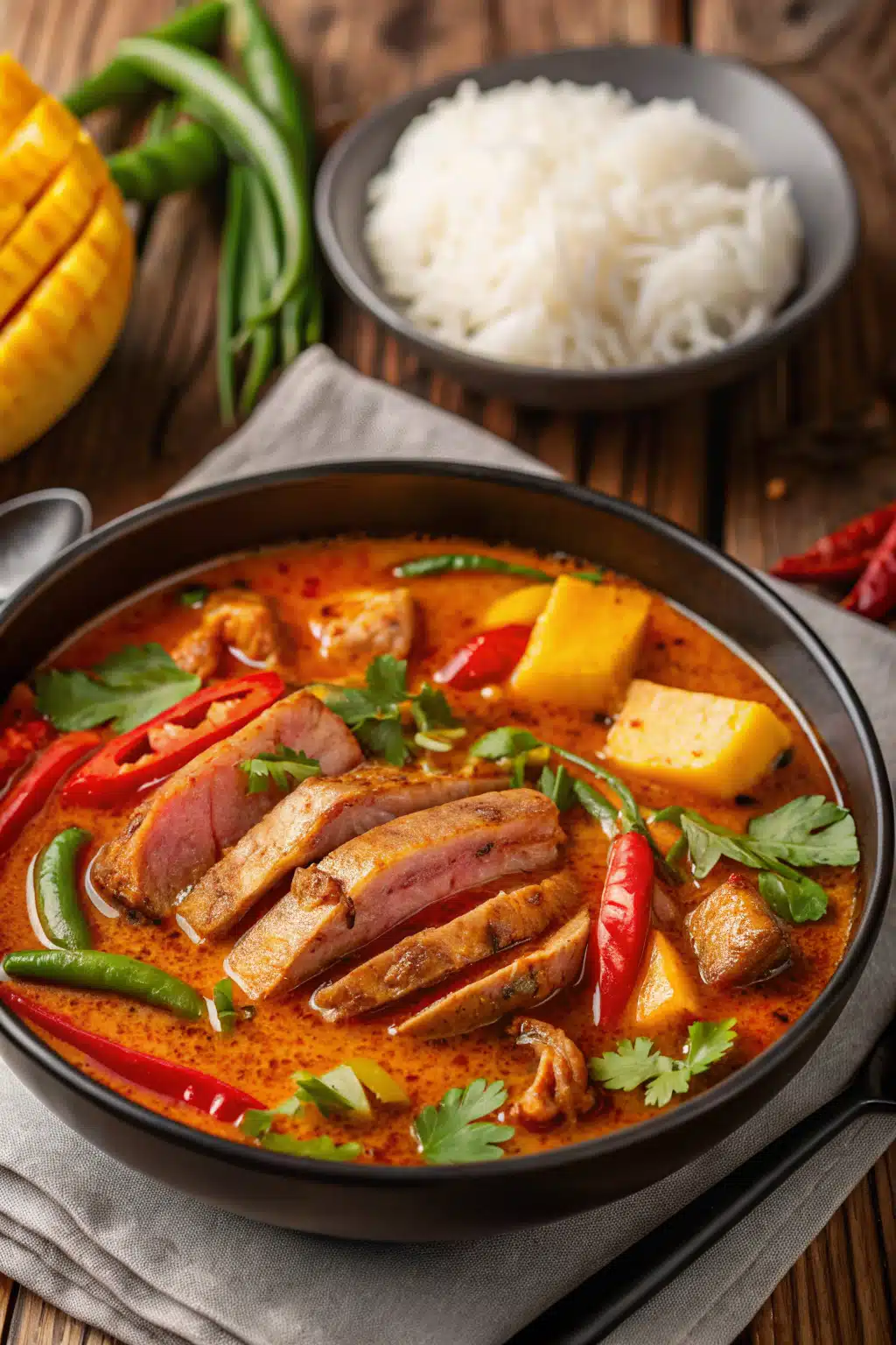 Thai Red Duck Curry ingredients organized and measured on kitchen counter