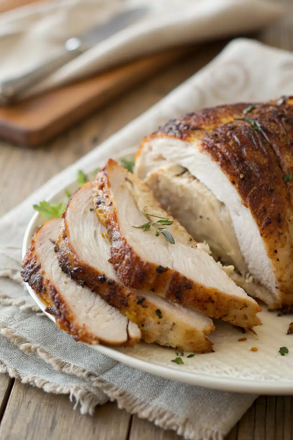 Grilled Thanksgiving Turkey slice on plate showing perfect texture and swirl pattern