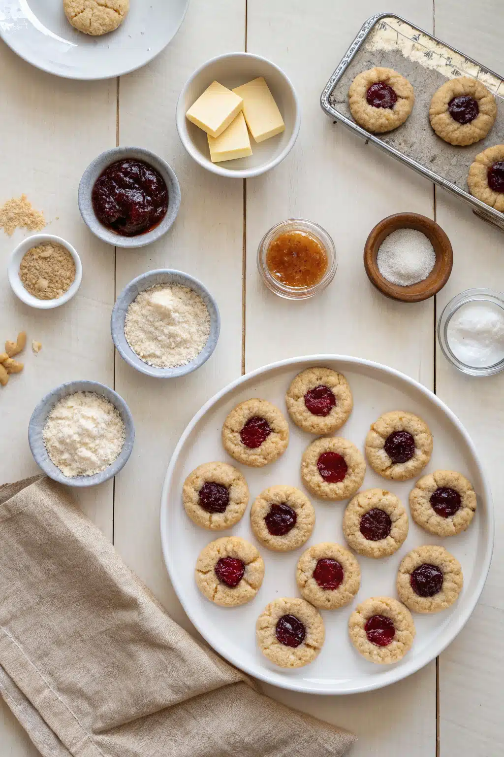 Thumbprint Cookies beautifully presented from an overhead angle