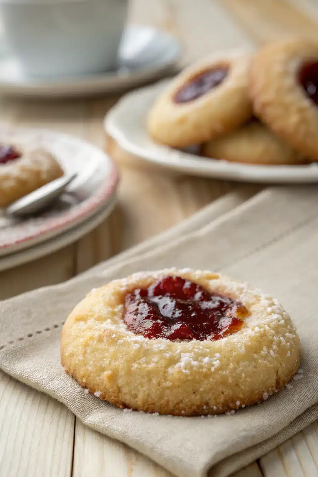 Thumbprint Cookies slice on plate showing perfect texture and swirl pattern