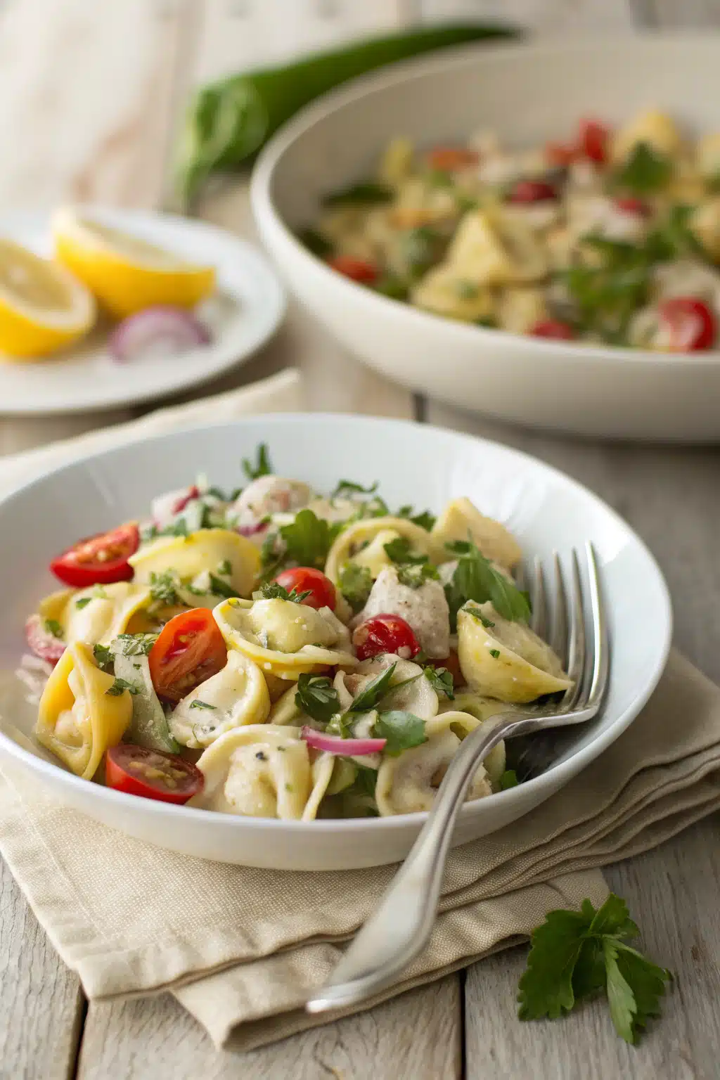 Tortellini Salad Recipe ingredients organized and measured on kitchen counter
