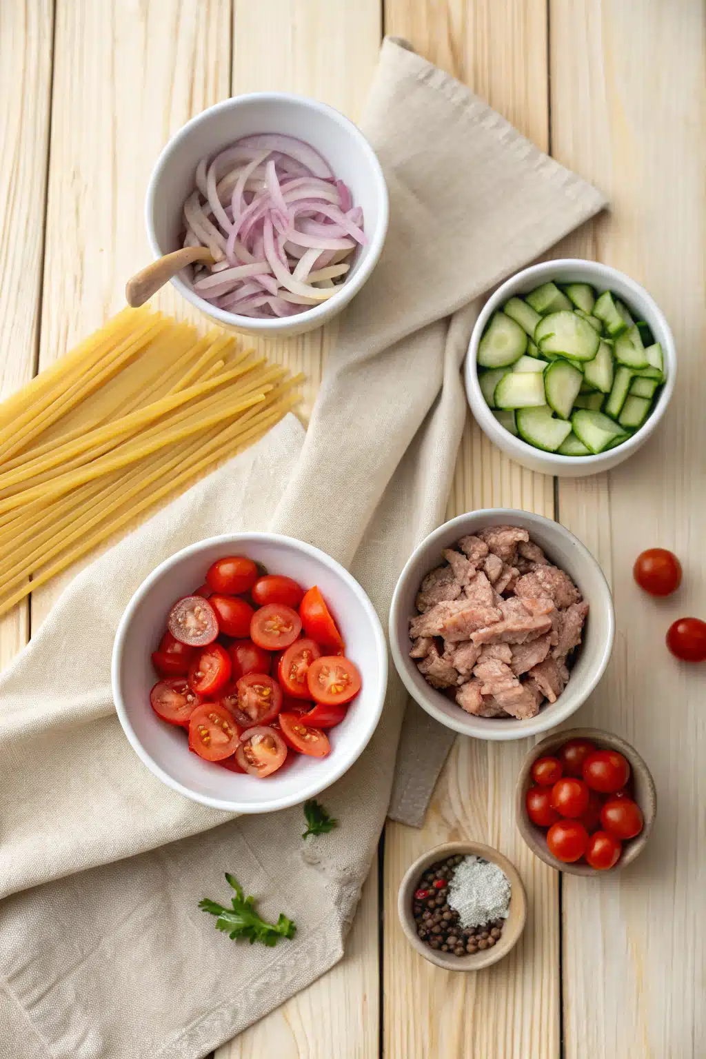 Tuna Pasta Salad beautifully presented from an overhead angle