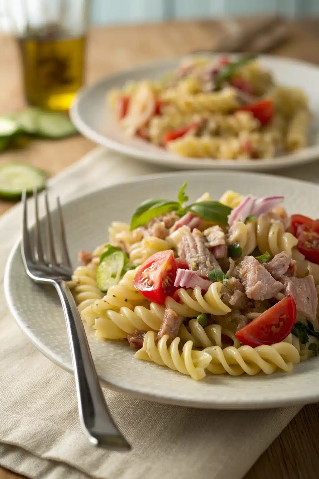 Tuna Pasta Salad ingredients organized and measured on kitchen counter