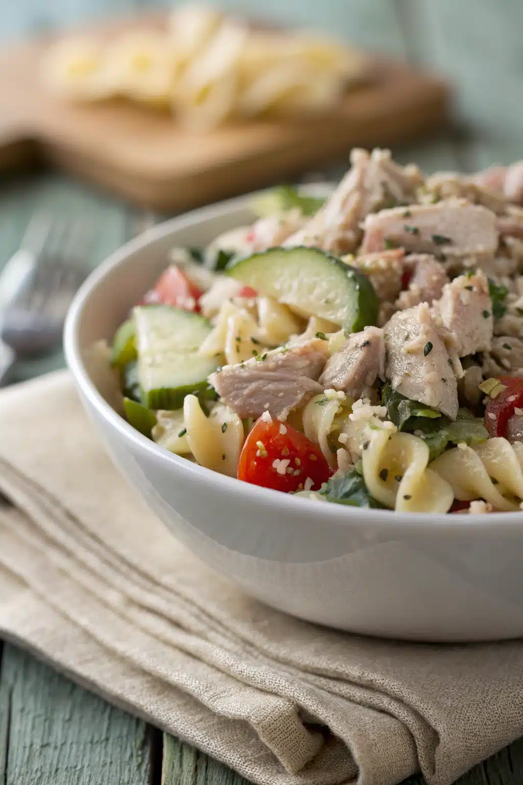Tuna Pasta Salad slice on plate showing perfect texture and swirl pattern