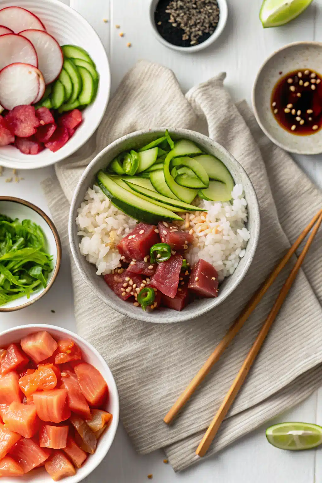 Tuna Poke Bowl beautifully presented from an overhead angle