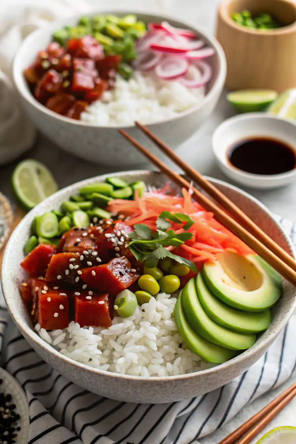 Tuna Poke Bowl ingredients organized and measured on kitchen counter