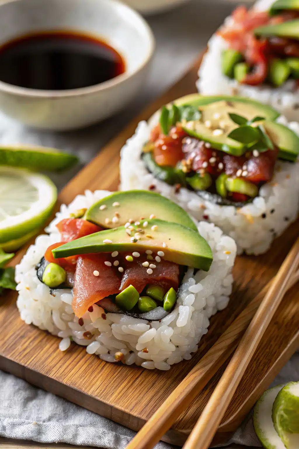 Tuna Poke Bowl slice on plate showing perfect texture and swirl pattern