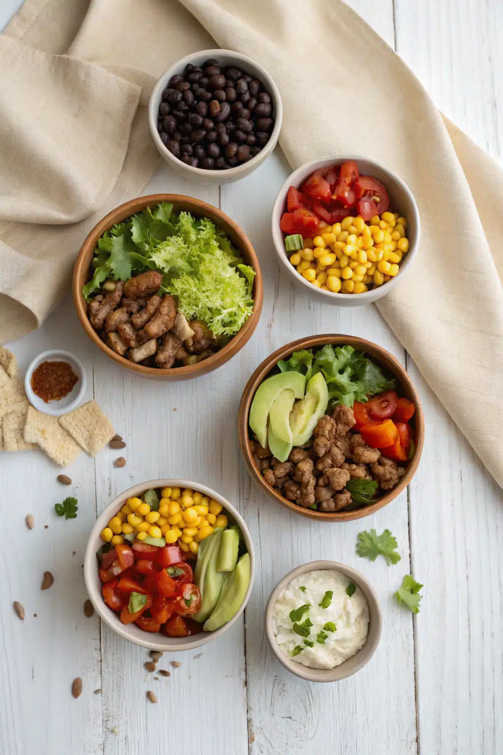Turkey Taco Burrito Bowls beautifully presented from an overhead angle