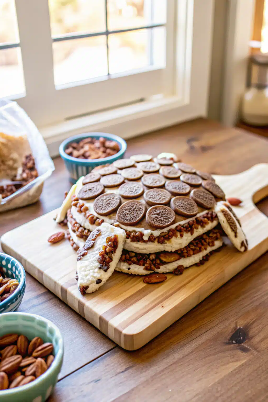 Turtle Ice Cream Sandwich Cake beautifully presented from an overhead angle