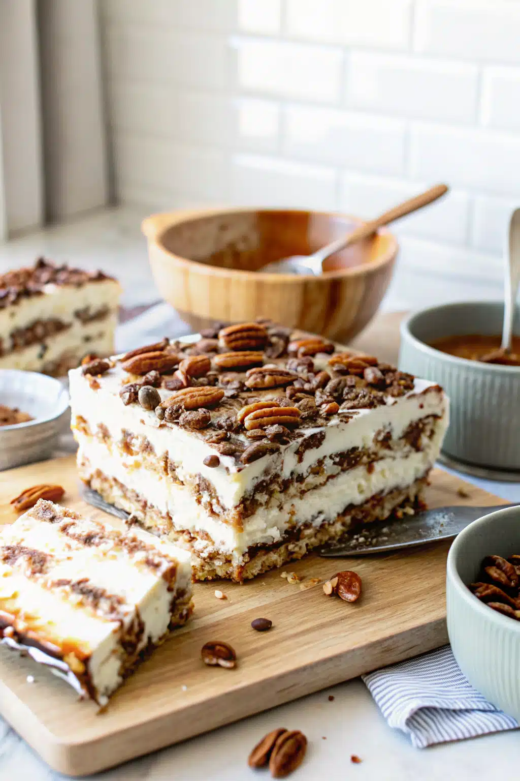 Turtle Ice Cream Sandwich Cake ingredients organized and measured on kitchen counter