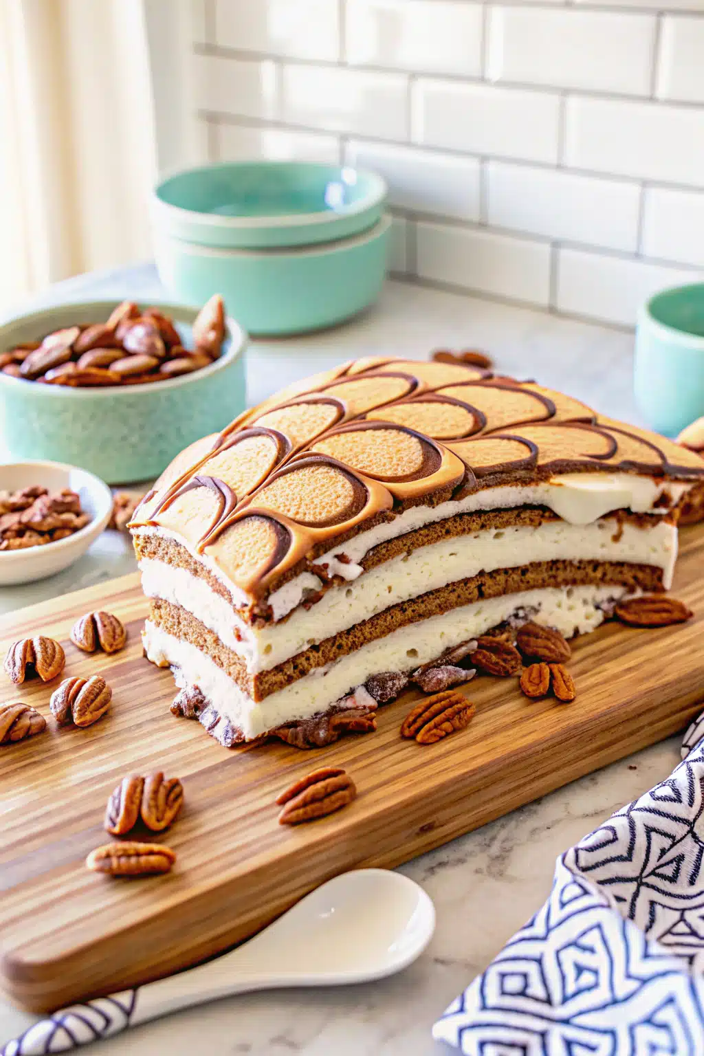 Turtle Ice Cream Sandwich Cake slice on plate showing perfect texture and swirl pattern