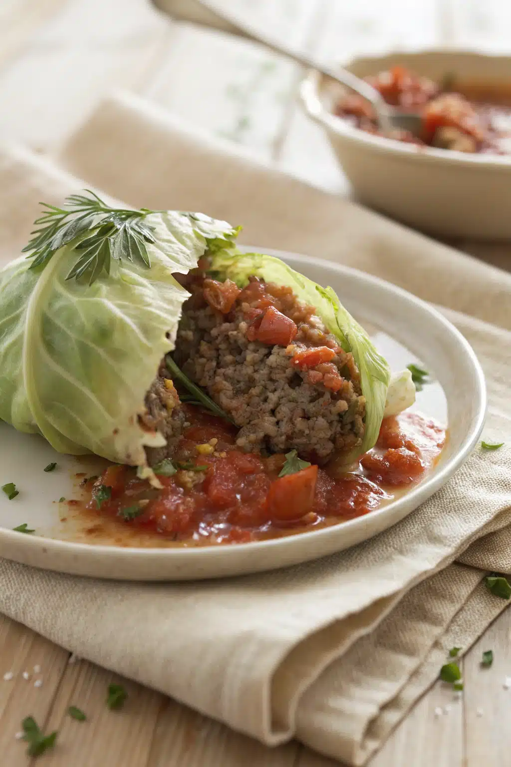 Stuffed Cabbage Rolls slice on plate showing perfect texture and swirl pattern