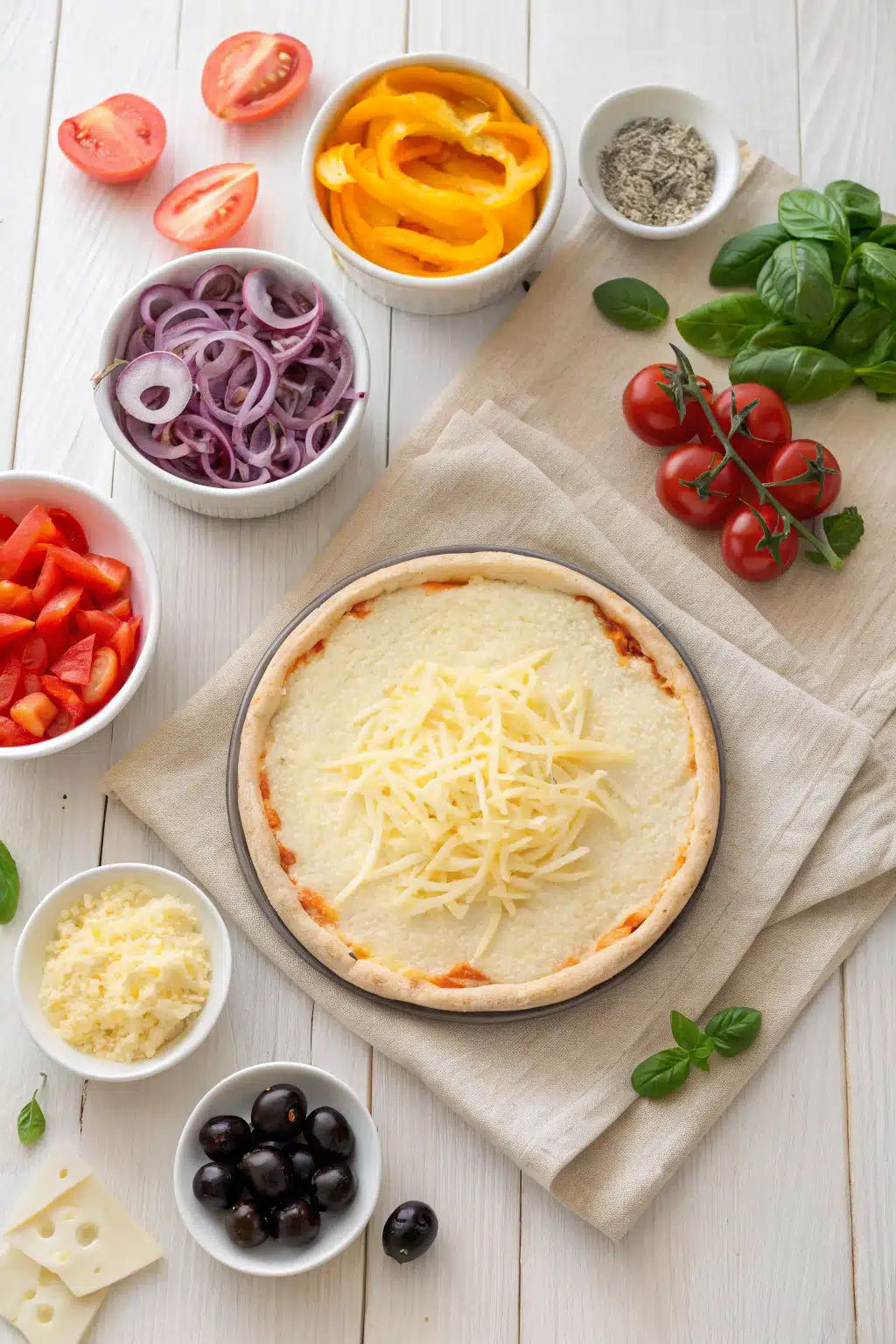 Veggie Pizza beautifully presented from an overhead angle