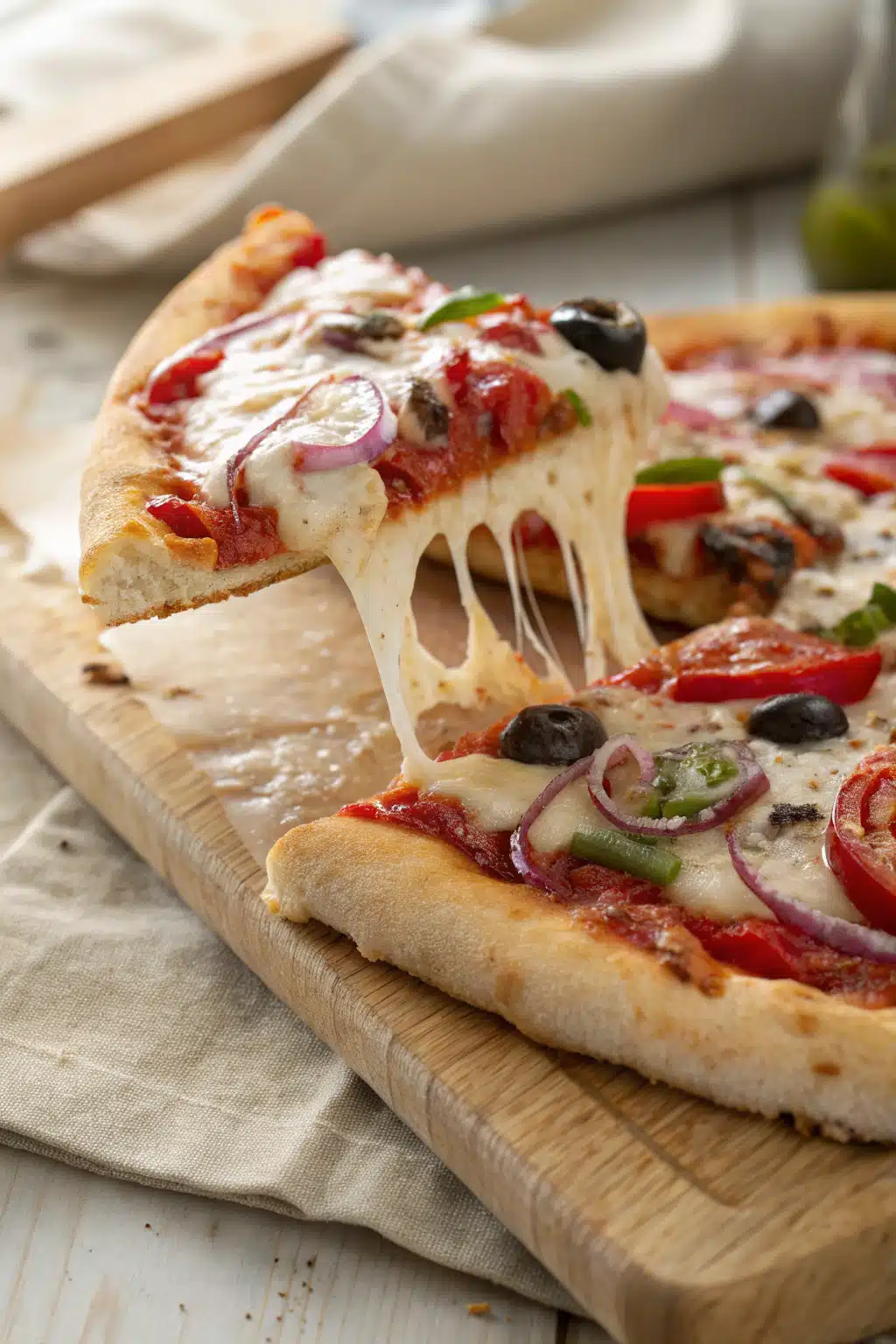 Veggie Pizza slice on plate showing perfect texture and swirl pattern