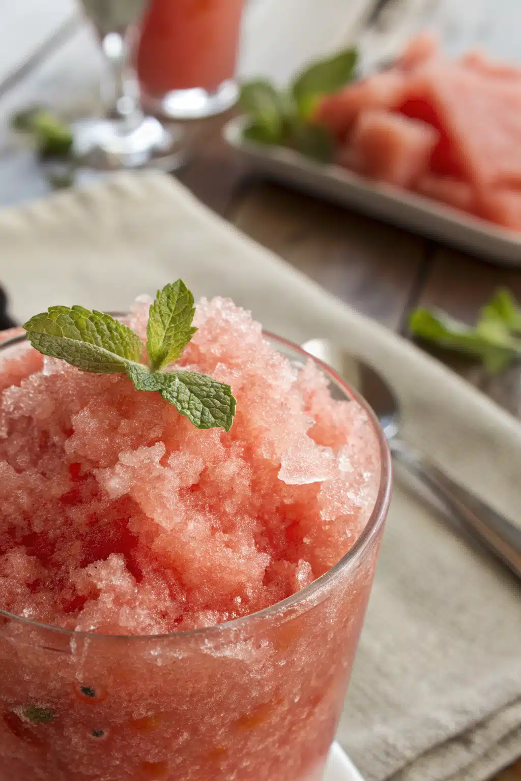 Watermelon Slushie slice on plate showing perfect texture and swirl pattern
