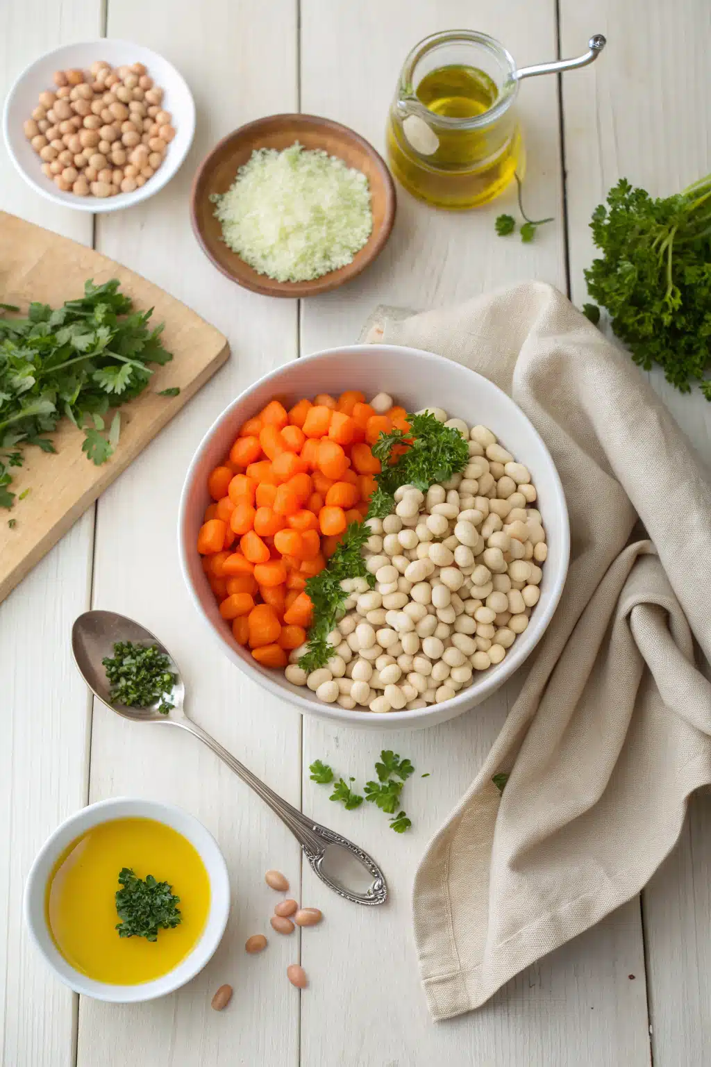 White Bean Soup beautifully presented from an overhead angle
