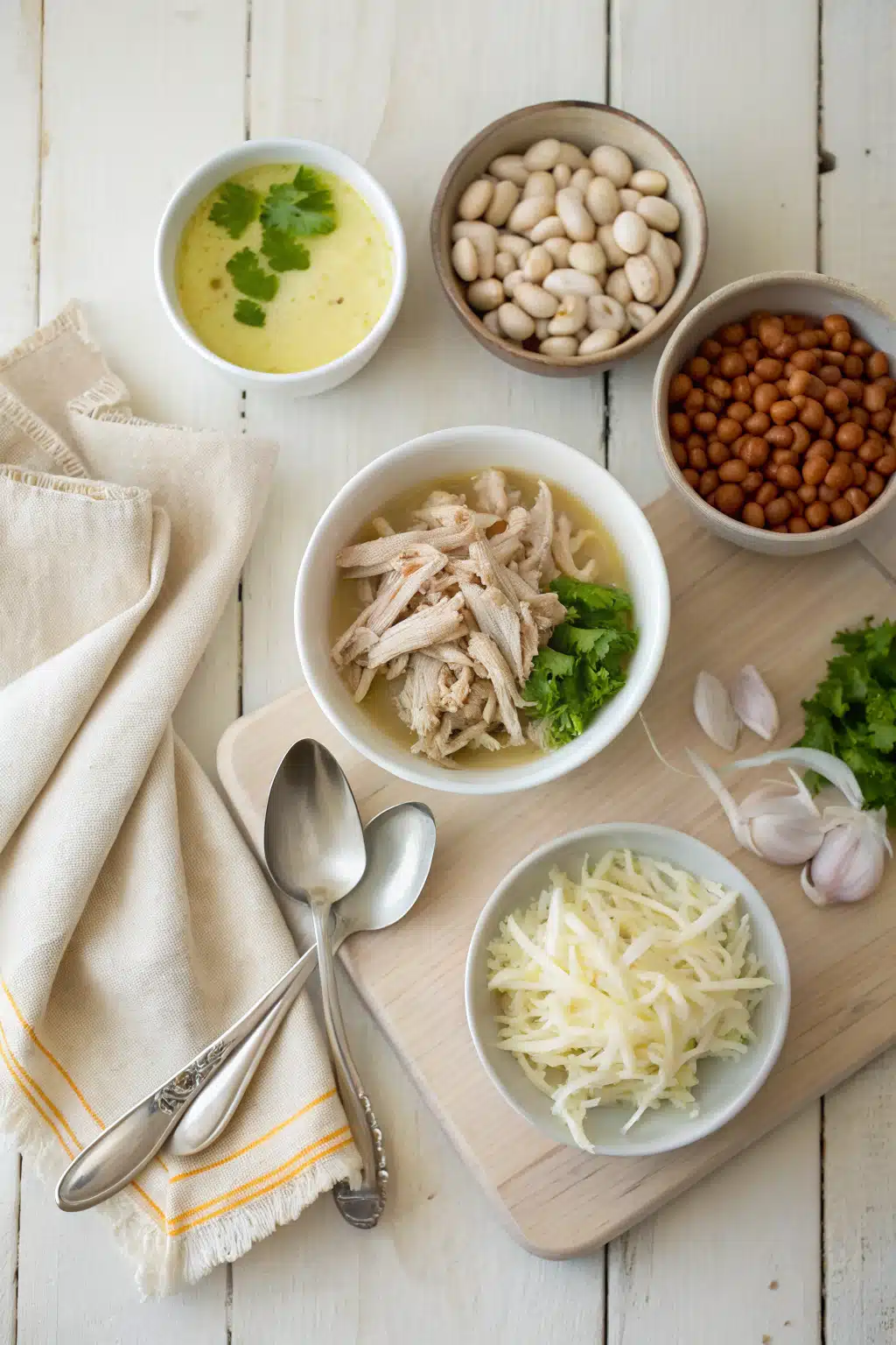 White Chicken Chili beautifully presented from an overhead angle