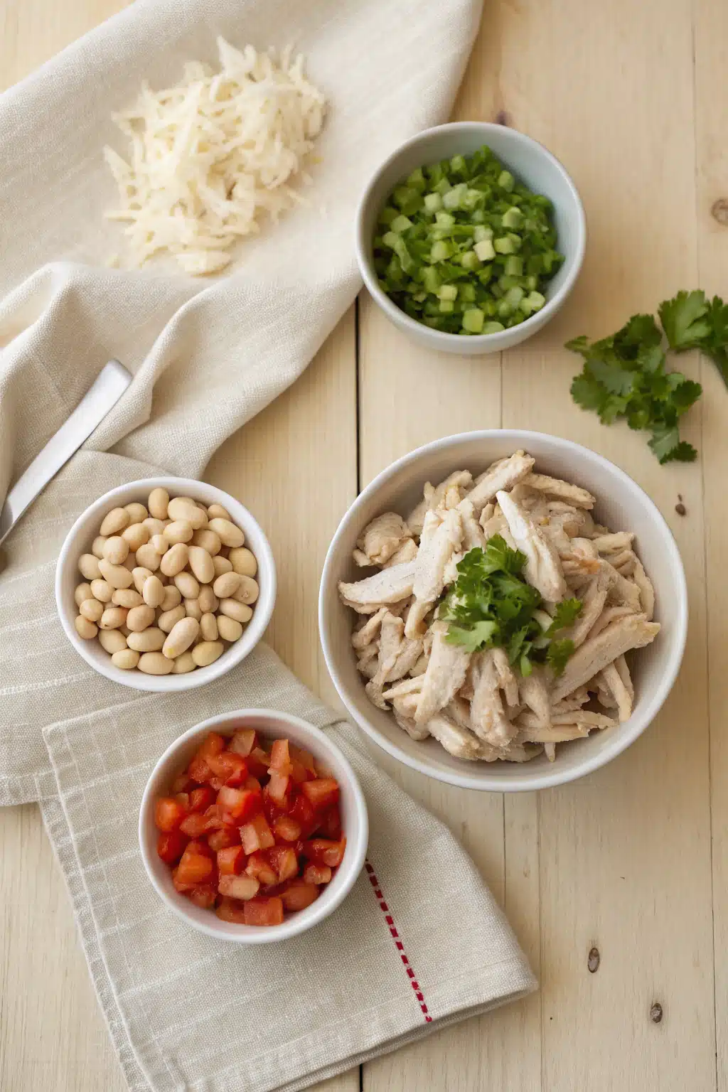 White Chicken Chili beautifully presented from an overhead angle