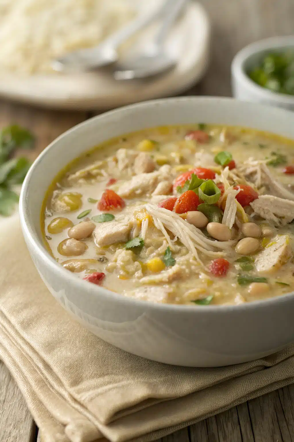 White Chicken Chili slice on plate showing perfect texture and swirl pattern
