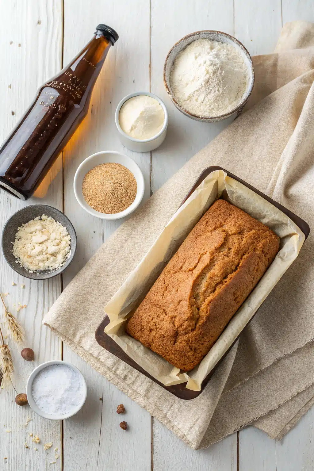 Beer Bread Recipe beautifully presented from an overhead angle