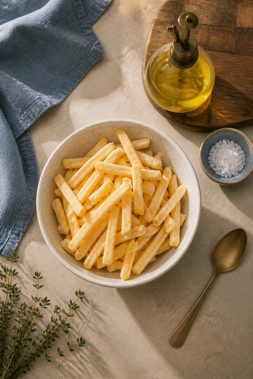 Air fryer frozen french fries ingredients beside the fryer basket