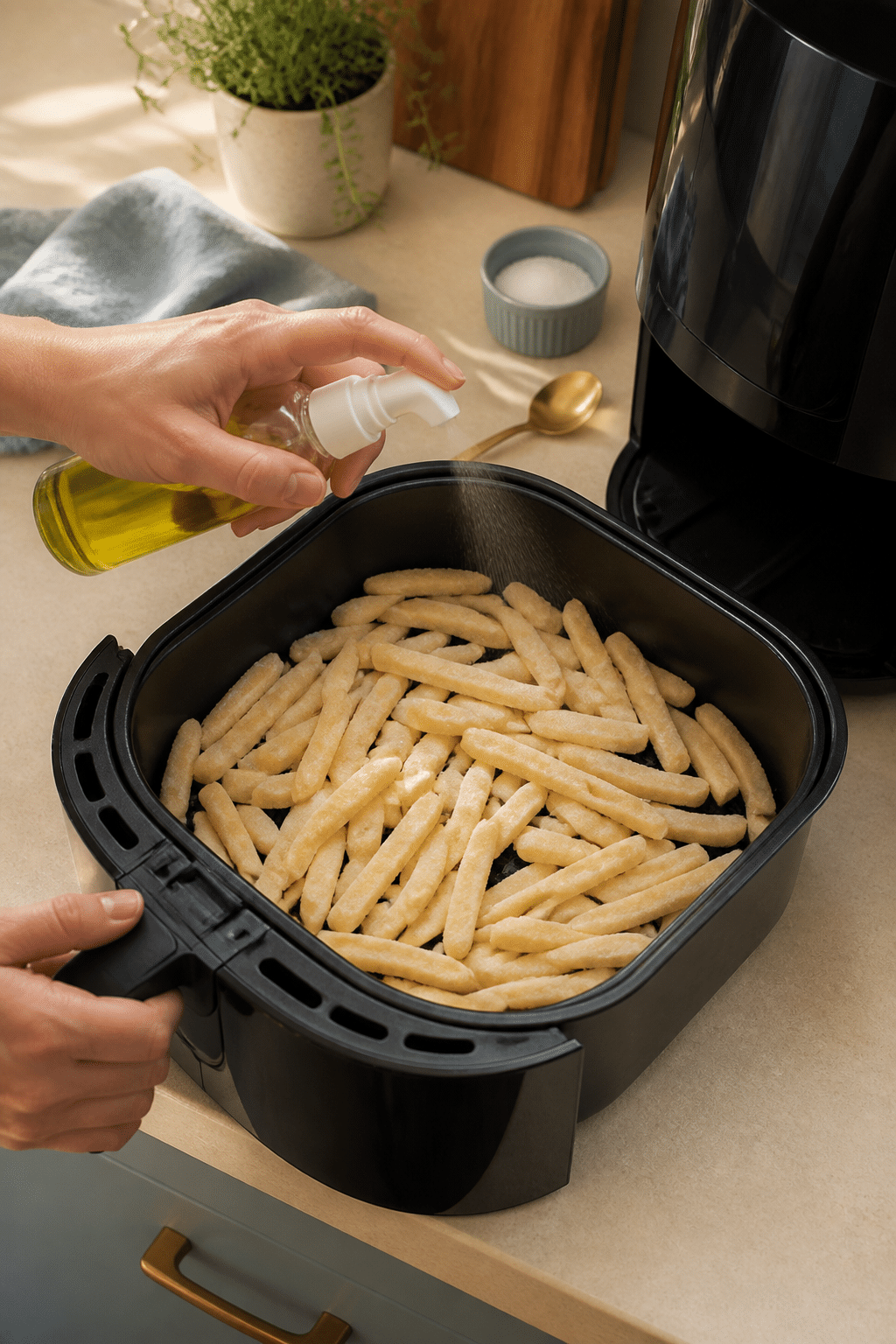 Frozen french fries being shaken in an air fryer basket
