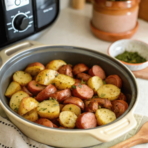 Air fryer potatoes and sausage served hot