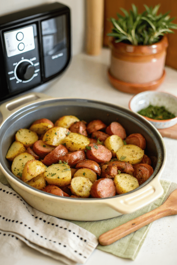 Air fryer potatoes and sausage served hot