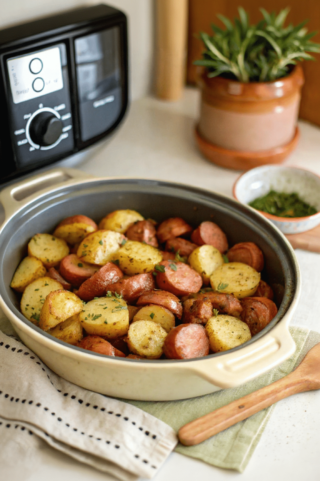 Air fryer potatoes and sausage served hot