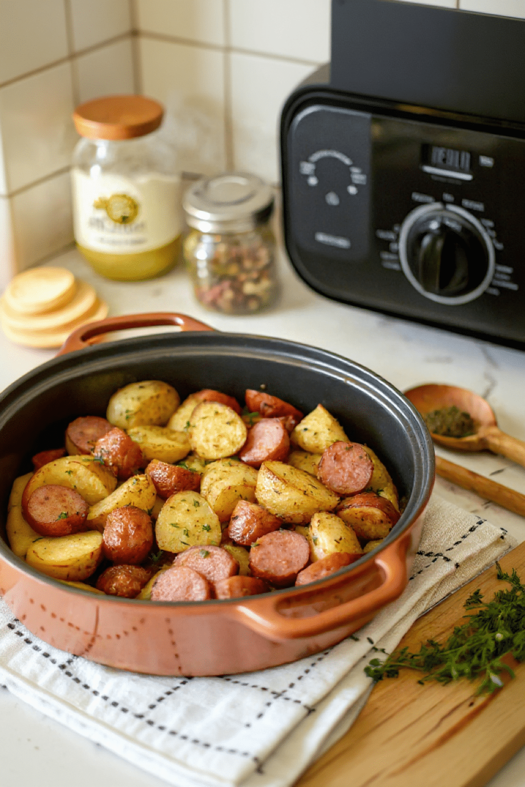 Seasoned potatoes and onion cooking in an air fryer basket