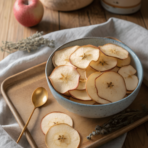 Baked apple chips piled in a small ceramic bowl