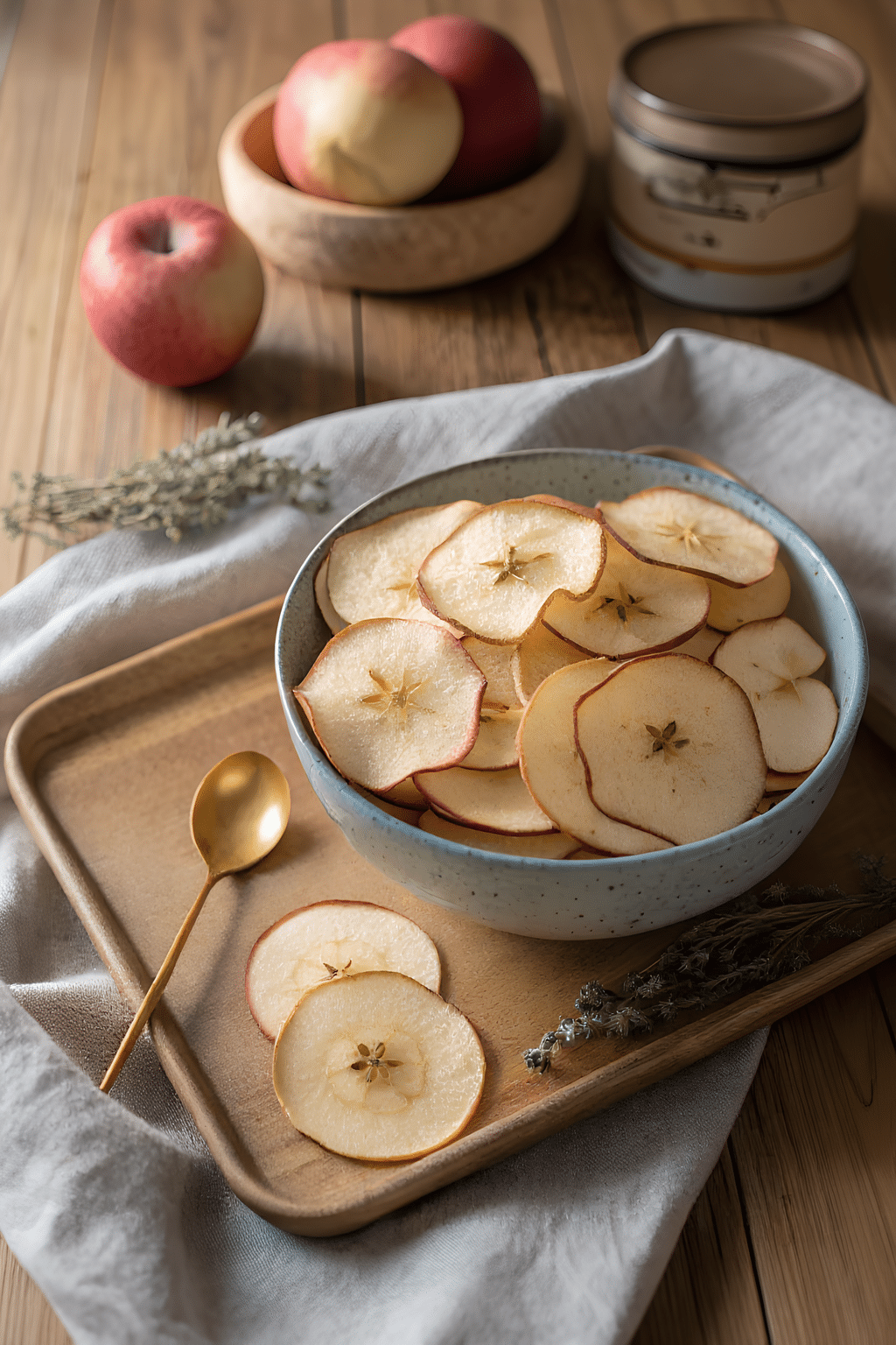 Baked apple chips piled in a small ceramic bowl