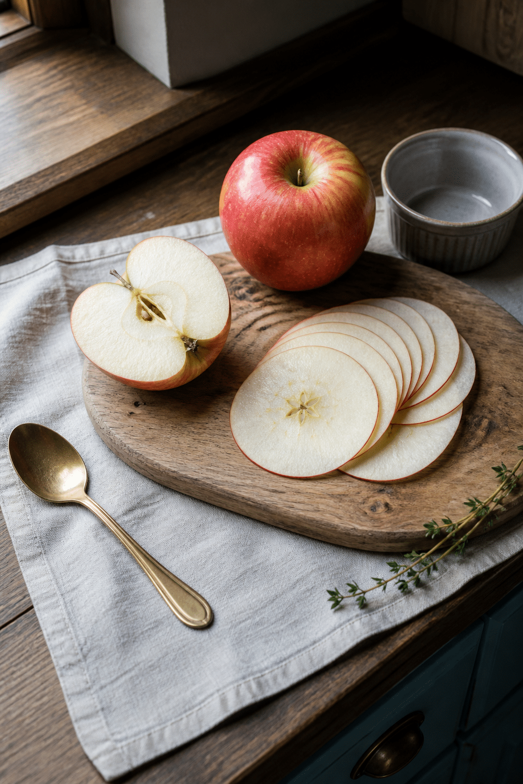 One apple and sliced rounds for baked apple chips
