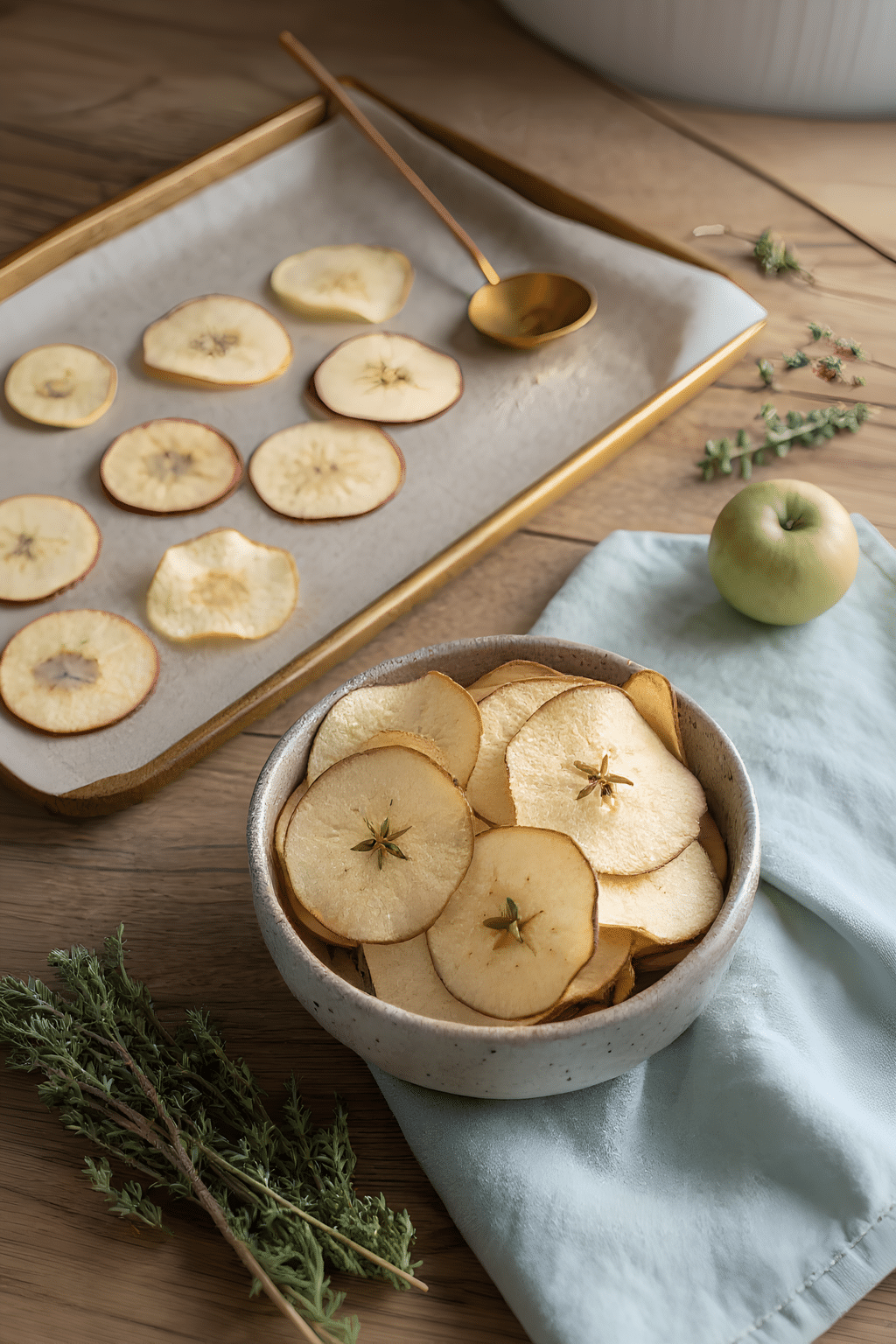 Crisp baked apple chips showing curled golden edges