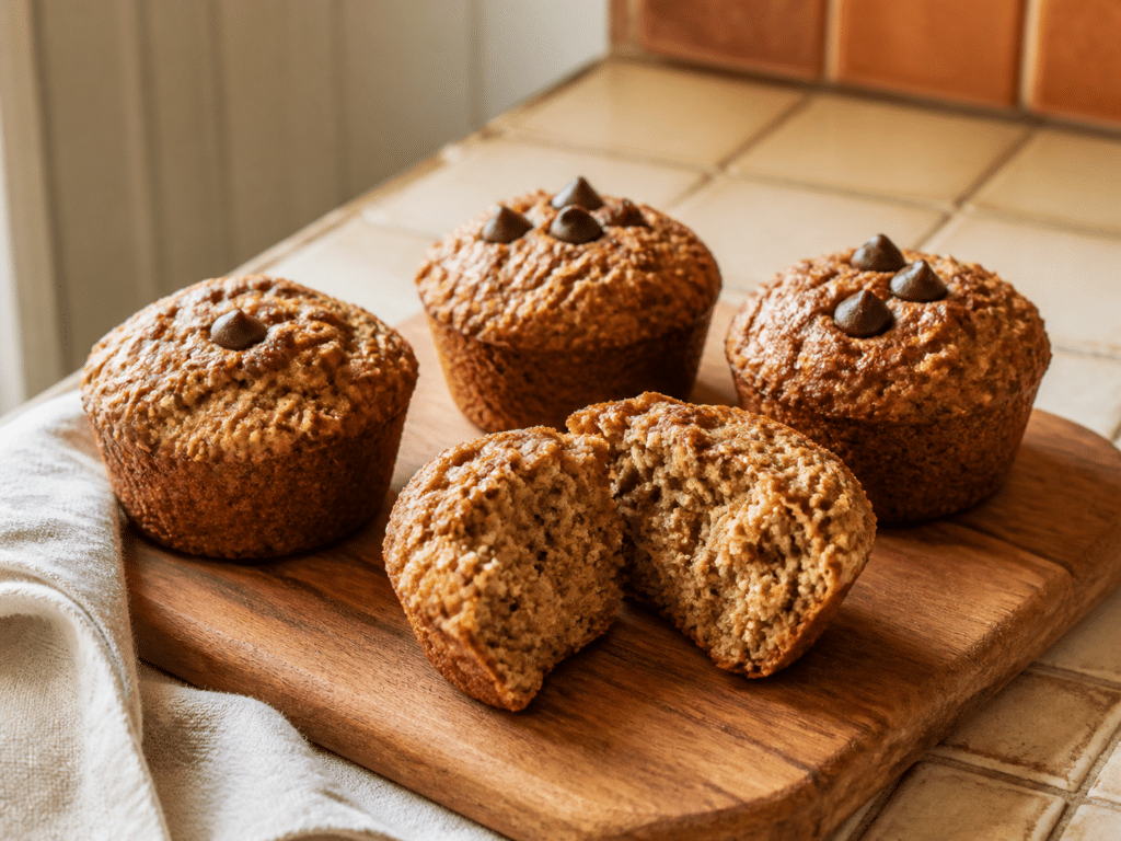 Easy banana muffins on a wooden board with one muffin opened to show the oat crumb