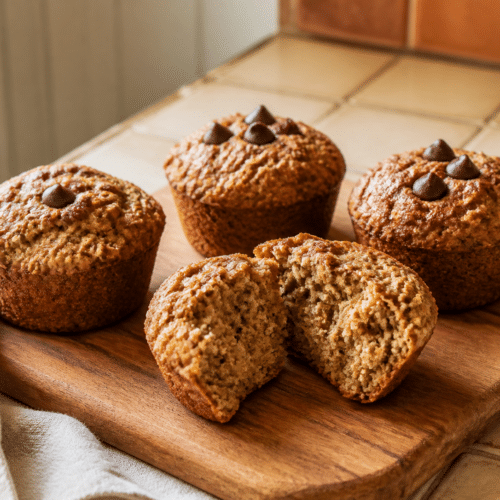 Easy banana muffins on a wooden board with one muffin opened to show the oat crumb