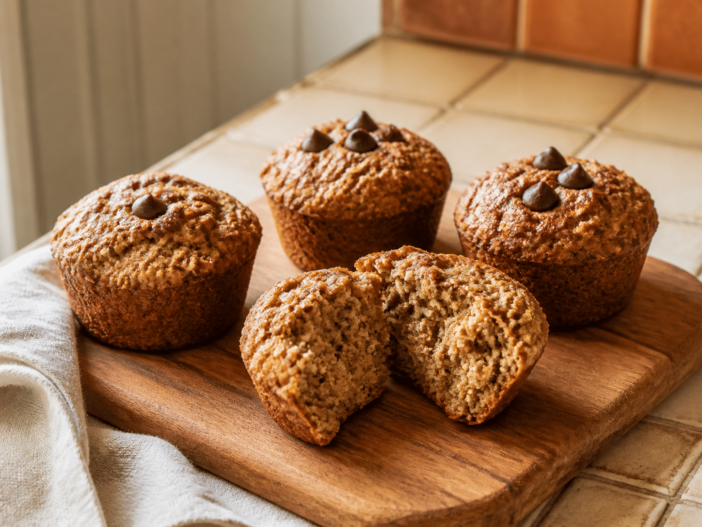 Easy banana muffins on a wooden board with one muffin opened to show the oat crumb