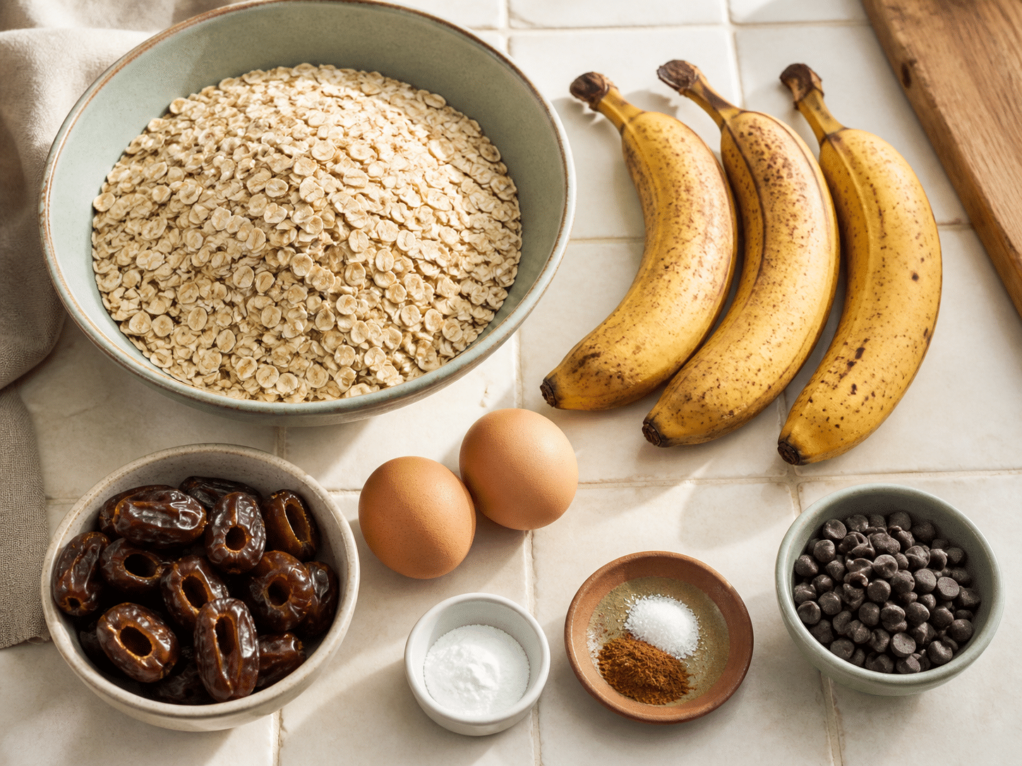 banana muffins ingredients with oats, bananas, eggs, dates, baking soda, cinnamon, and optional chocolate chips