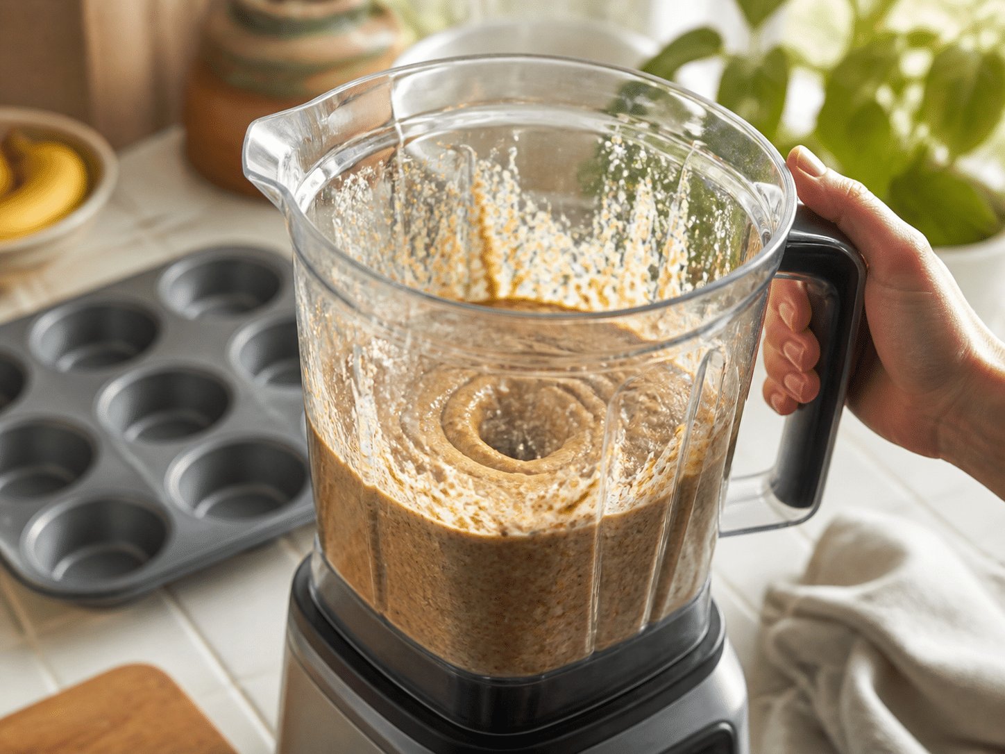 smooth banana oat muffin batter in a blender beside a prepared muffin tin