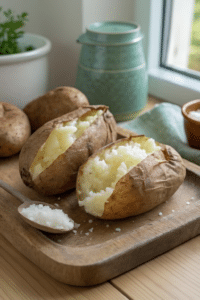 Finished Blackstone griddle baked potatoes in the reserved kitchen scene